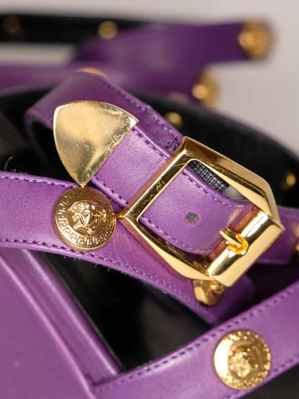 Versace Medusa Studded Platform Wedge Sandals, Royal Purple, size